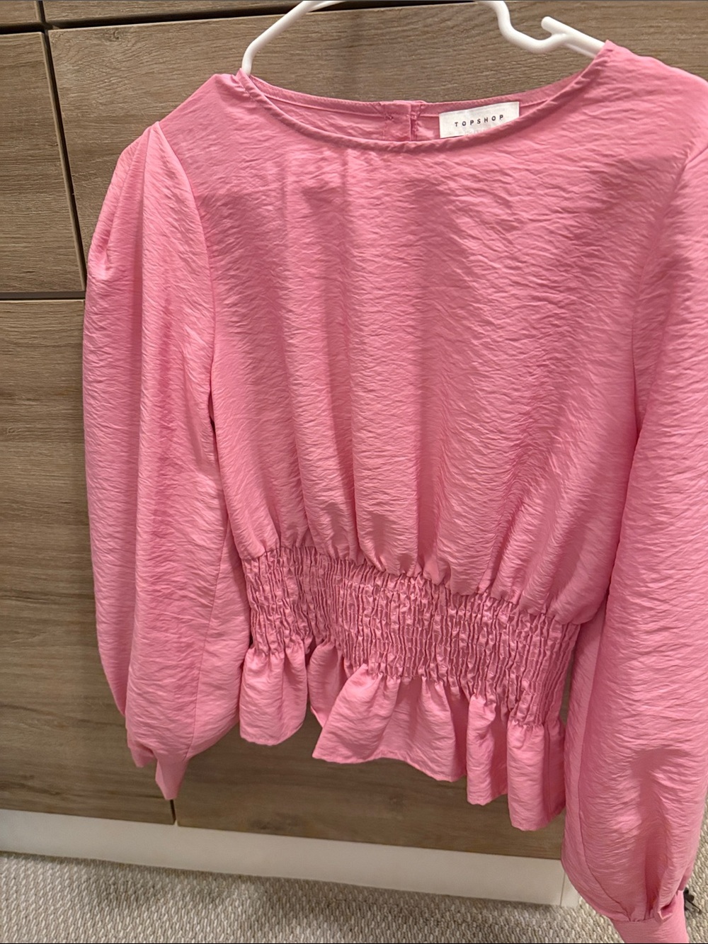 Topshop Pink Smocked-Waist Puff Sleeve Top sz 8